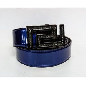 🆕 BLACK (STEEL COLOR) RHINESTONE GREEK DESIGN ROYAL BLUE STRAP AUTOMATIC BELT